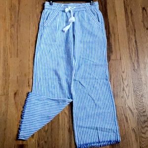 Rewind High-waist Blue & White striped pants. Wide leg with elastic waistband.